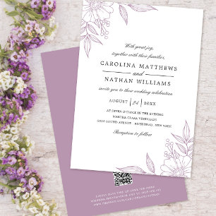 Elegant Blommigt Corners Bröllop Lavender QR-kod Inbjudningar