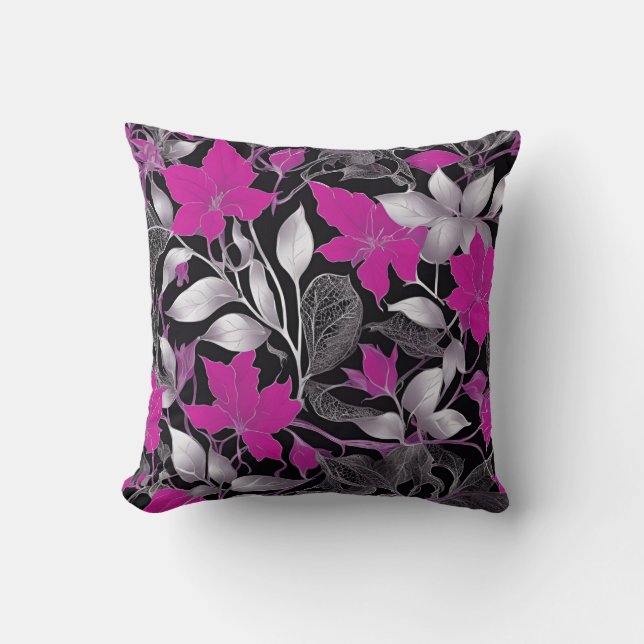 Elegant Blommigt Cushion med Rosa och Silver Löv Kudde (Framsida)