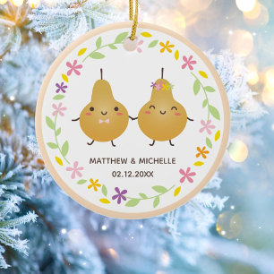 Elegant Blommigt Cute Perfekt Pear Couple Newlywet Julgransprydnad Keramik