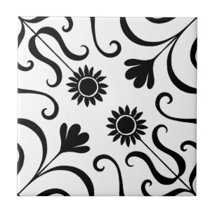 Elegant Blommigt Damask Black and White Solros Kakelplatta