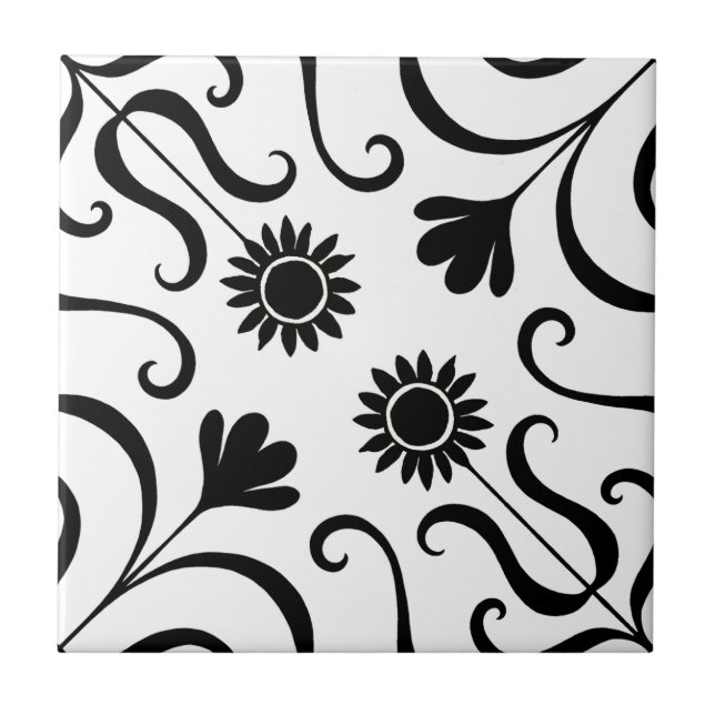 Elegant Blommigt Damask Black and White Solros Kakelplatta (Framsidan)