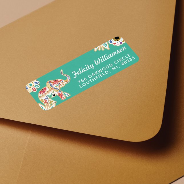 Elegant Blommigt Decorative Ornate Elephant Design Returadress Etikett (Skapare uppladdad)