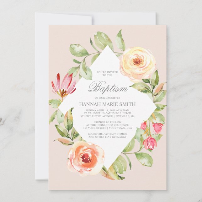 Elegant Blommigt Diamond Peach Baptism Inbjudan (Framsida)