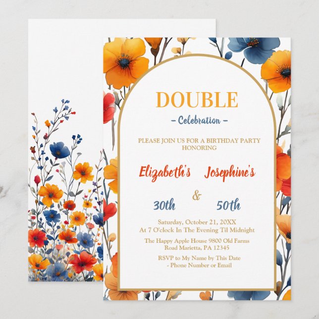 Elegant Blommigt dubbla - födelsedagsfirande Inbjudningar (Fram/baksida)
