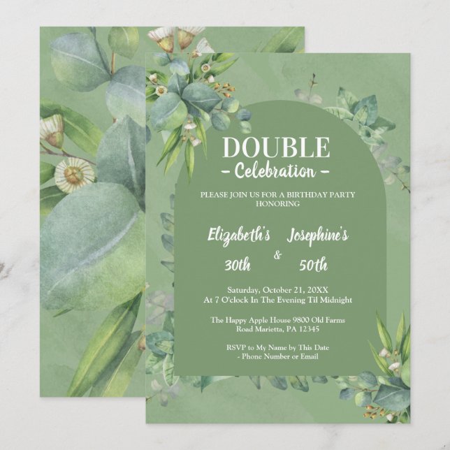 Elegant Blommigt Dubbla Grönt   födelsedag Inbjudningar (Fram/baksida)