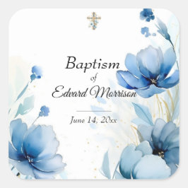 Elegant Blommigt Dusty Blue Baptism Fyrkantigt Klistermärke