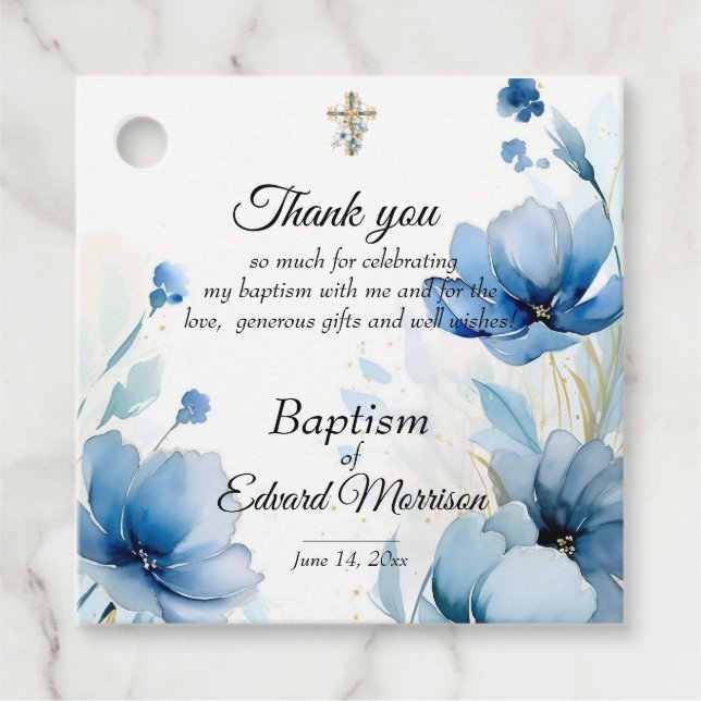 Elegant Blommigt Dusty Blue Baptism Gåvor Etiketter (Framsida)