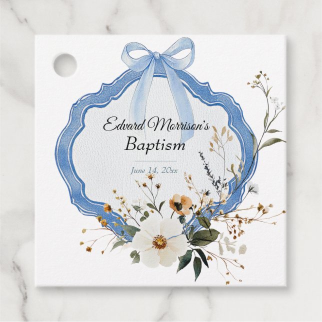 Elegant Blommigt Dusty Blue Baptism Gåvor Etiketter (Framsida)