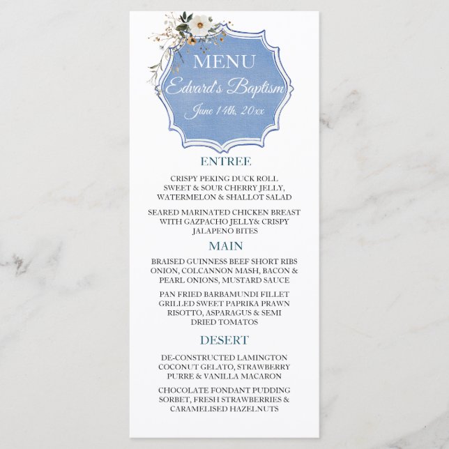 Elegant Blommigt Dusty Blue Baptism Meny (Framsida)