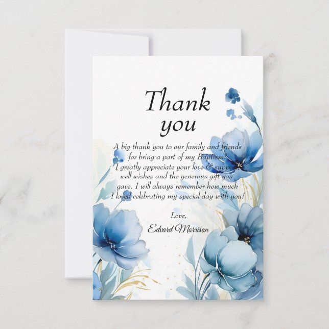 Elegant Blommigt Dusty Blue Baptism Tack Kort (Framsida)