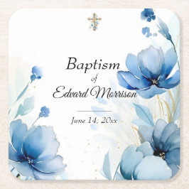 Elegant Blommigt Dusty Blue Baptism Underlägg Papper Kvadrat