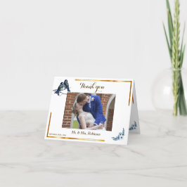 Elegant Blommigt Dusty Blue Birds Photo Bröllop Tack Kort