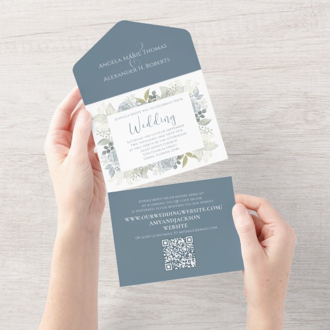 Elegant Blommigt Dusty Blue Classic Greenery QR-ko (Avrivbar del)