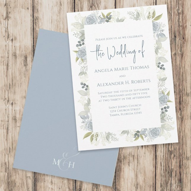 Elegant Blommigt Dusty Blue Classic Ro Flowers Inbjudningar (Skapare uppladdad)
