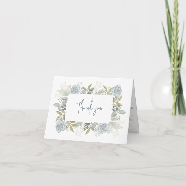 Elegant Blommigt Dusty Blue Classic Ro Greenery Tack Kort (Framsida)