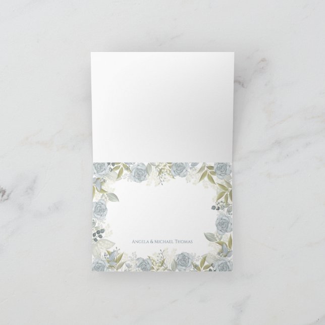 Elegant Blommigt Dusty Blue Classic Ro Greenery Tack Kort (Inuti)