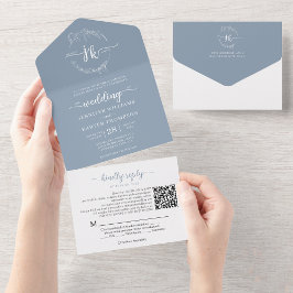 Elegant Blommigt Dusty Blue Monogram QR-kod Bröllo
