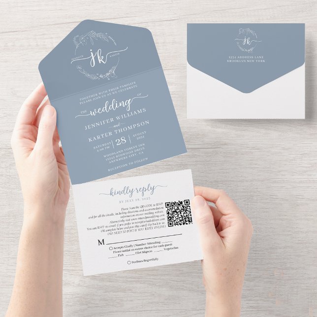 Elegant Blommigt Dusty Blue Monogram QR-kod Bröllo (Skapare uppladdad)