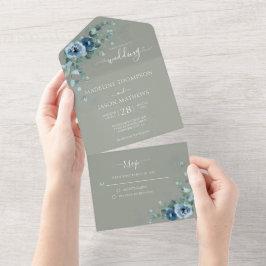 Elegant Blommigt Dusty Blue Plain Sage Grönt Bröll