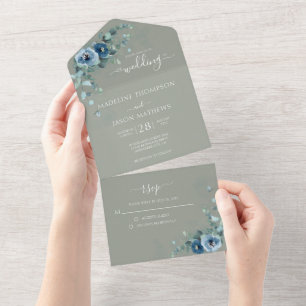 Elegant Blommigt Dusty Blue Plain Sage Grönt Bröll