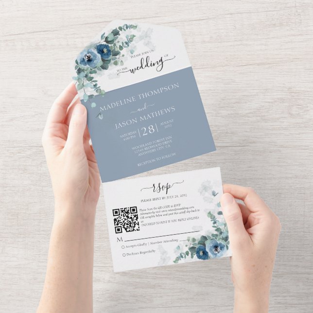 Elegant Blommigt Dusty Blue Qr Code Bröllop (Avrivbar del)