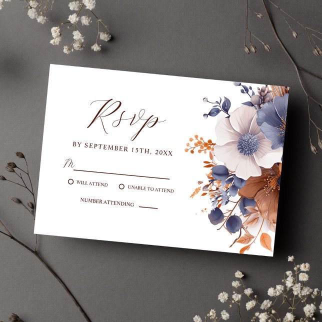 Elegant Blommigt Dusty Blue Rust Bröllop OSA Kort (Elegant Floral Dusty Blue Rust Wedding RSVP Card)