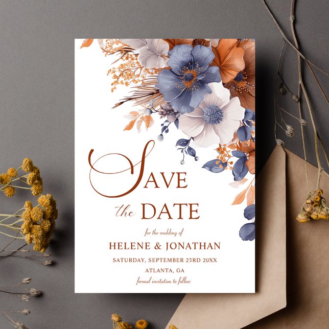 Elegant Blommigt Dusty Blue Terracotta Bröllop Spara Datumet (Elegant Floral Dusty Blue Terracotta Wedding Save The Date)