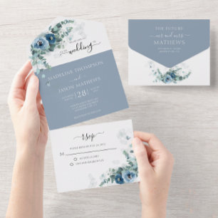 Elegant Blommigt Dusty Blue Watercolor Bröllop