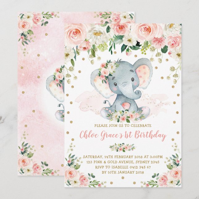 Elegant  Blommigt Elephant Girl 1st Birthday Inbjudningar (Fram/baksida)