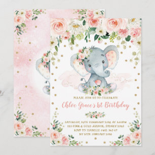 Elegant Blommigt Elephant Girl 1st Birthday Inbjudningar