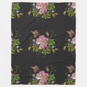 Elegant Blommigt Embroidery Mönster Black Backgrou Fleecefilt