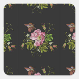 Elegant Blommigt Embroidery Mönster Black Backgrou Fyrkantigt Klistermärke