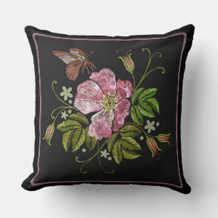 Elegant Blommigt Embroidery Mönster Black Backgrou Kudde