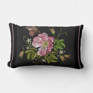 Elegant Blommigt Embroidery Mönster Black Backgrou Lumbarkudde
