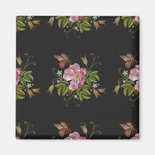 Elegant Blommigt Embroidery Mönster Black Backgrou Magnet