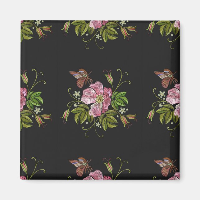 Elegant Blommigt Embroidery Mönster Black Backgrou Magnet (Framsidan)
