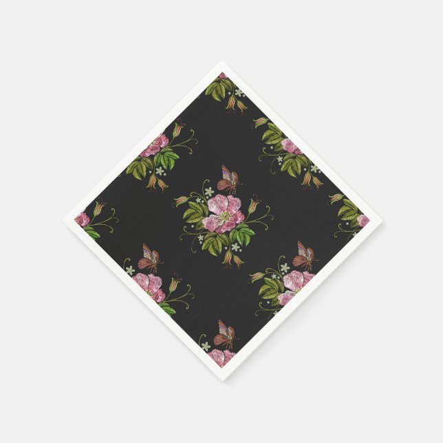 Elegant Blommigt Embroidery Mönster Black Backgrou Pappersservett (Hörn)