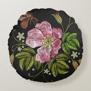Elegant Blommigt Embroidery Mönster Black Backgrou Rund Kudde