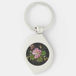 Elegant Blommigt Embroidery Mönster Black Backgrou Swirl Silverfärgad Nyckelring