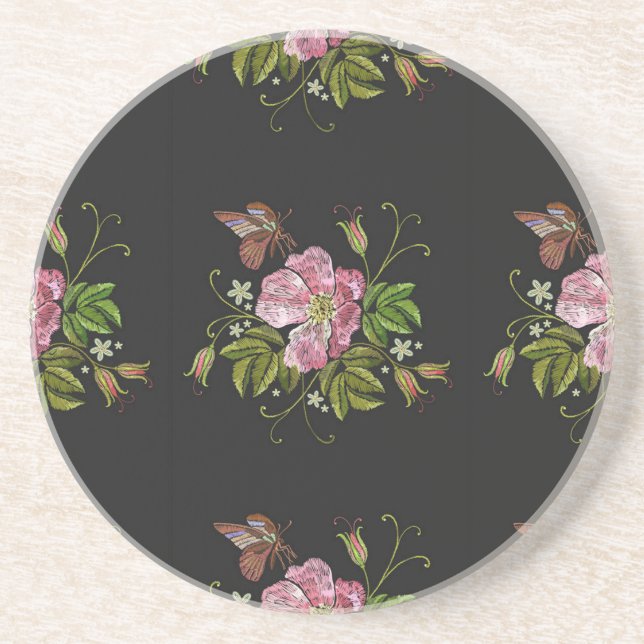 Elegant Blommigt Embroidery Mönster Black Backgrou Underlägg (Framsidan)