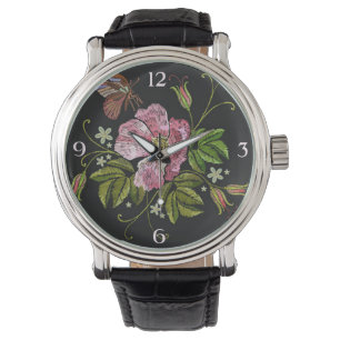 Elegant Blommigt Embroidery Mönster på Black Backg Armbandsur