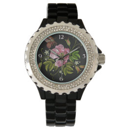 Elegant Blommigt Embroidery Mönster på Black Backg Armbandsur