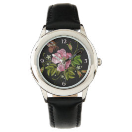 Elegant Blommigt Embroidery Mönster på Black Backg Armbandsur