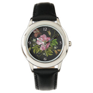 Elegant Blommigt Embroidery Mönster på Black Backg Armbandsur
