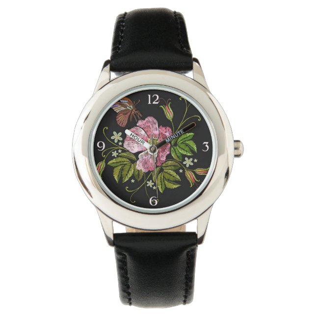 Elegant Blommigt Embroidery Mönster på Black Backg Armbandsur (Framsida)
