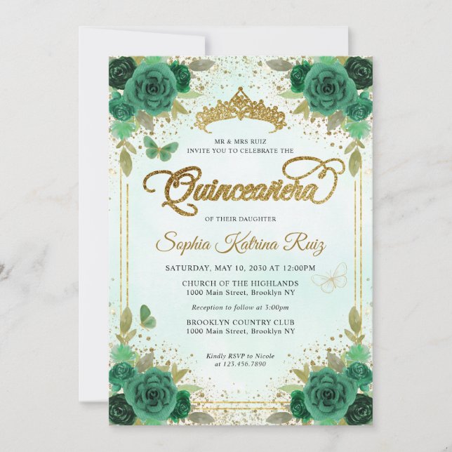 Elegant Blommigt Emerald Grönt Glam Guld Quinceañe Inbjudningar (Framsida)