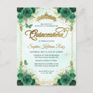 Elegant Blommigt Emerald Grönt Glam Guld Quinceañe Vykort