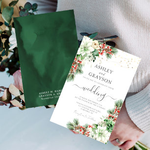 Elegant Blommigt Emerald Grönt Winter Wedding Inbjudningar