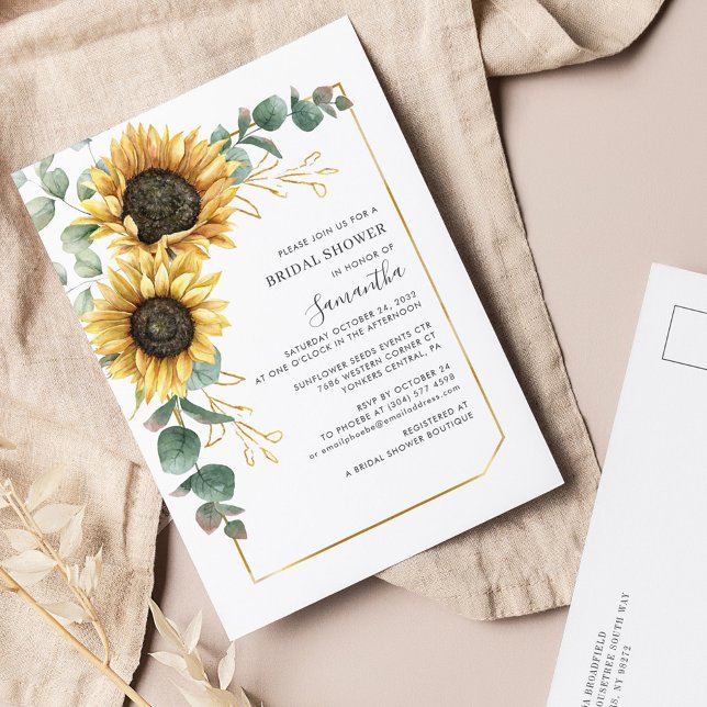 Elegant Blommigt Eucalyptus SolrosMöhippa Inbjudan Vykort (Sunflower Floral Eucalyptus Geometric Bridal Shower Invitation Postcard)