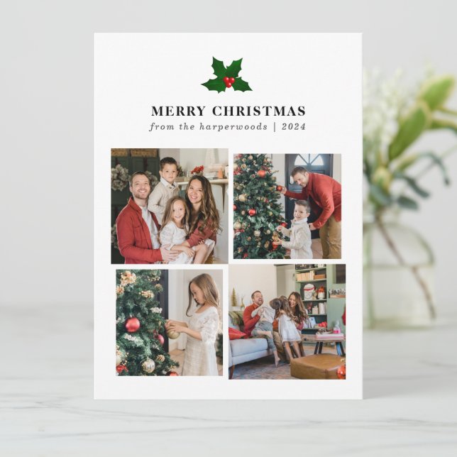 Elegant Blommigt-familjens fotokollage Julkort (Stående Fram)